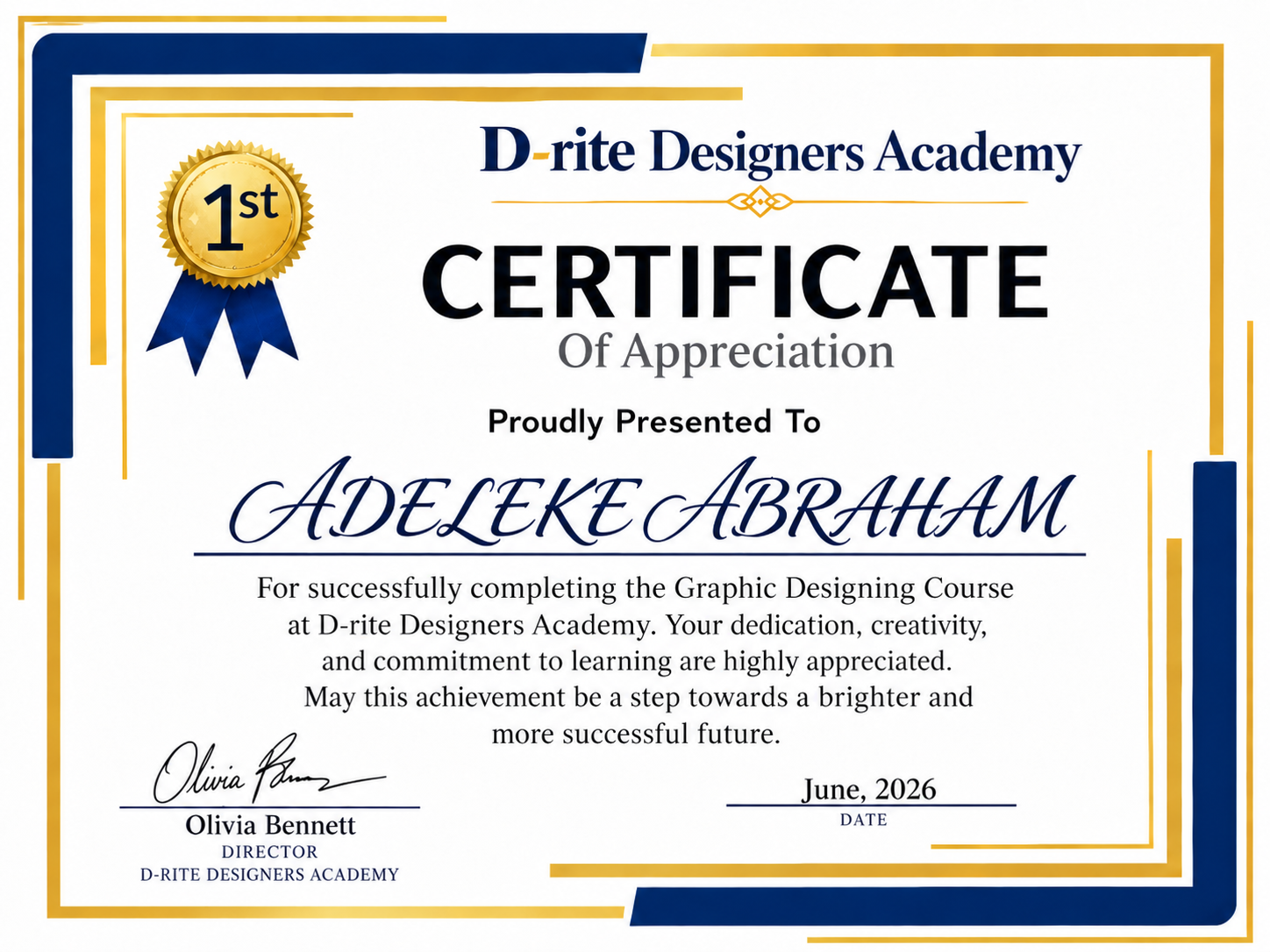 Graphic Designing Course certificate awarded to Adeleke Abraham